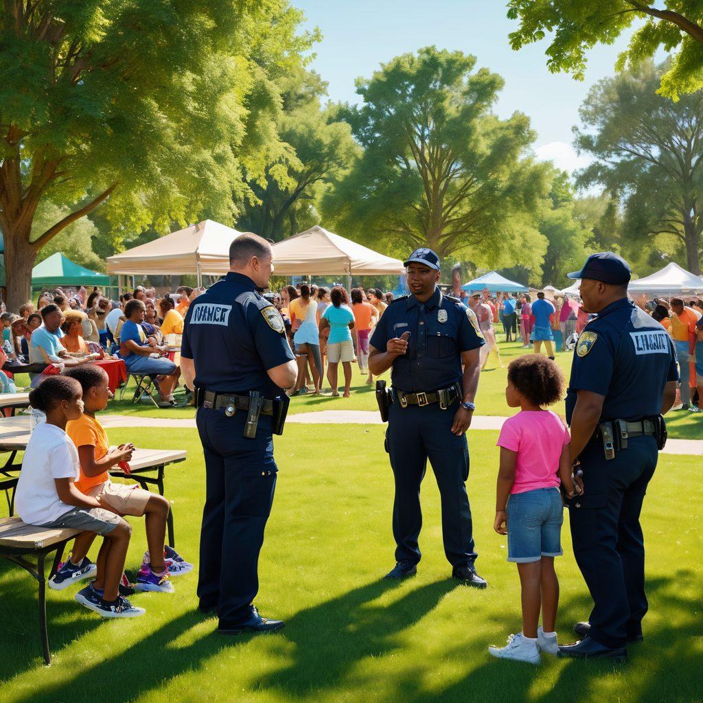 A diverse group of community members engaged in a friendly dialogue with law enforcement officers in a vibrant park setting, featuring lots of greenery, children playing in the background, and community safety events like a barbecue, symbolizing trust and cooperation. Bright colors, warmth, and inclusivity should dominate the scene, creating a sense of unity and collaboration. super-realistic. vibrant colors. 3D.