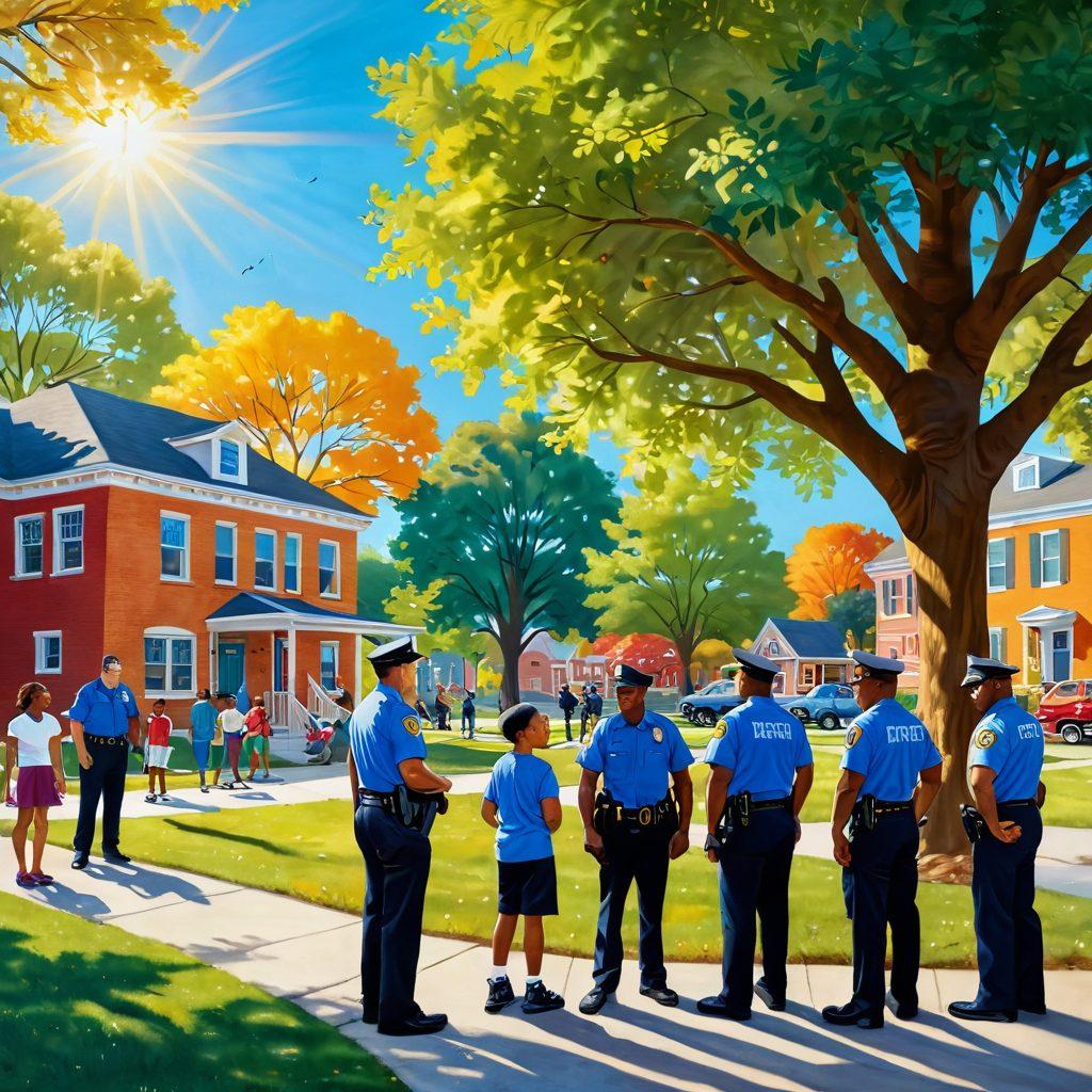 A harmonious scene depicting law enforcement officers collaborating with community members in a neighborhood park, showcasing smiles, teamwork, and open communication. The backdrop includes colorful murals representing unity and crime prevention, while children play in the foreground. Sunlight filters through trees, creating a warm and inviting atmosphere, symbolizing trust and partnership. super-realistic. vibrant colors. warm tones.