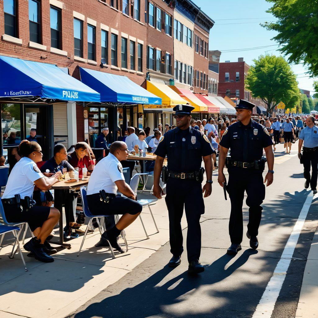 A vibrant city street scene showcasing police officers engaging positively with community members, highlighting the warm interaction between law enforcement and citizens. Include diverse people of various ages and backgrounds, community events like a neighborhood barbecue, and visible police patrols in the background. Focus on a sense of safety and cooperation, showcasing trust and dialogue. colorful and dynamic, super-realistic.